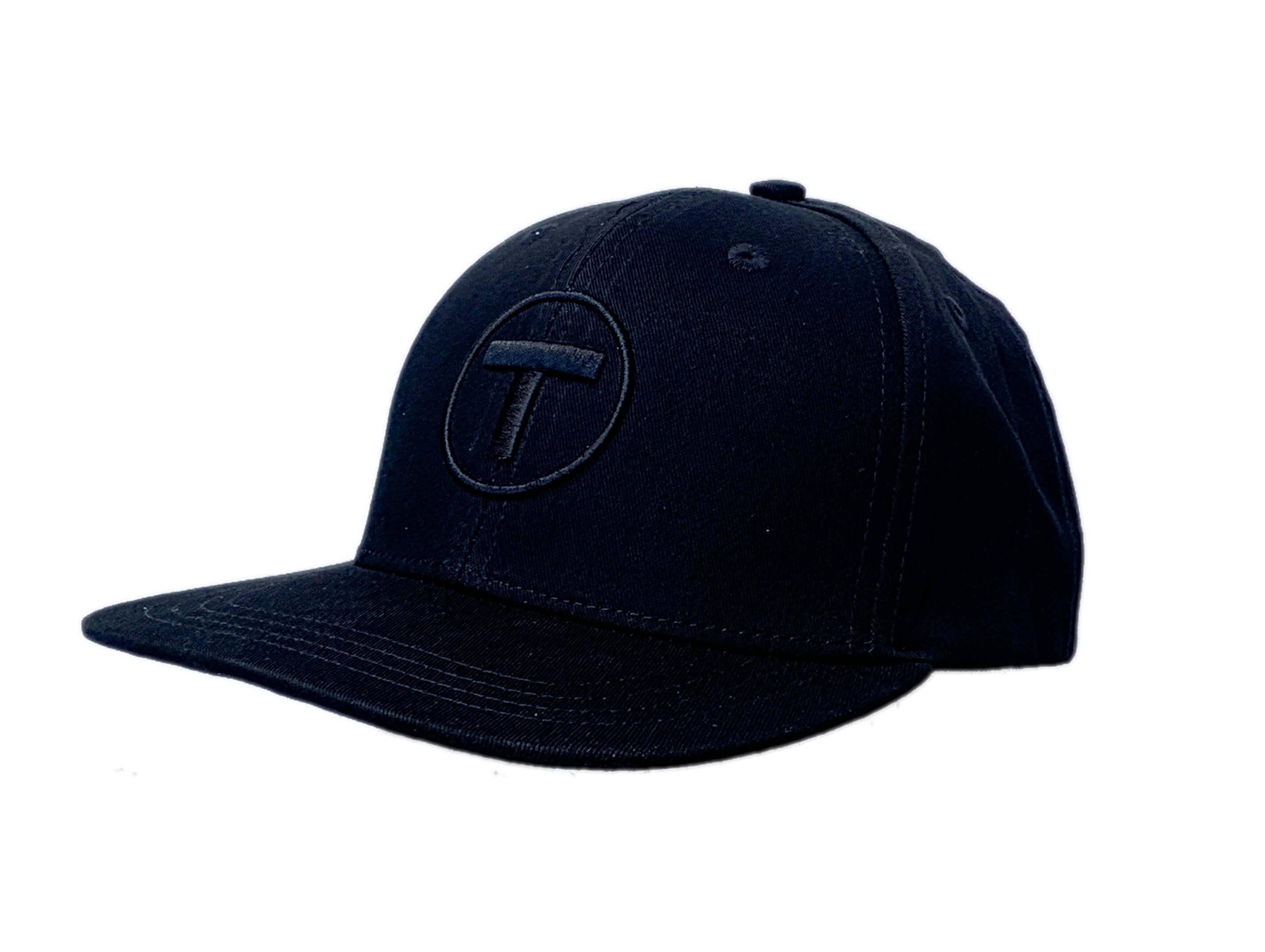 Black flat brim youth cap with puff embroidered MBTA T Logo